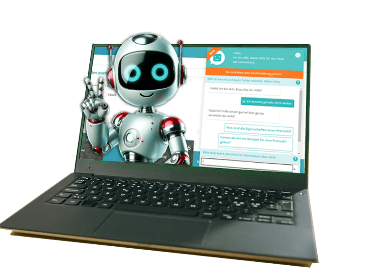 KI-Tutor Kim grüßt aus dem Laptop heraus