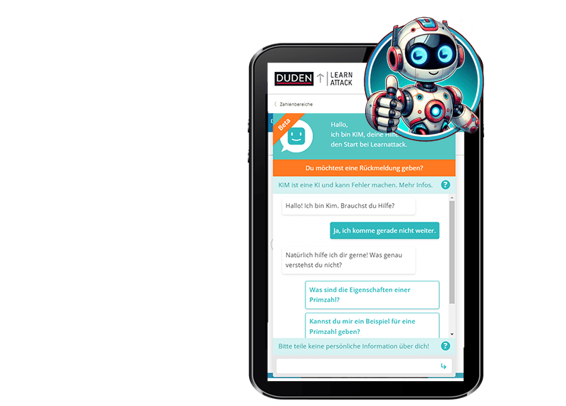 KI-Tutor Kim zeigen den Daumen hoch. Auf einem Handy wird mit dem KI-Tutor gelernt