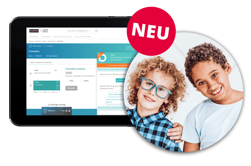 2 Kinder schauen auf ein Tablet mit Dudean Learnattack und KI-Tutor Kim