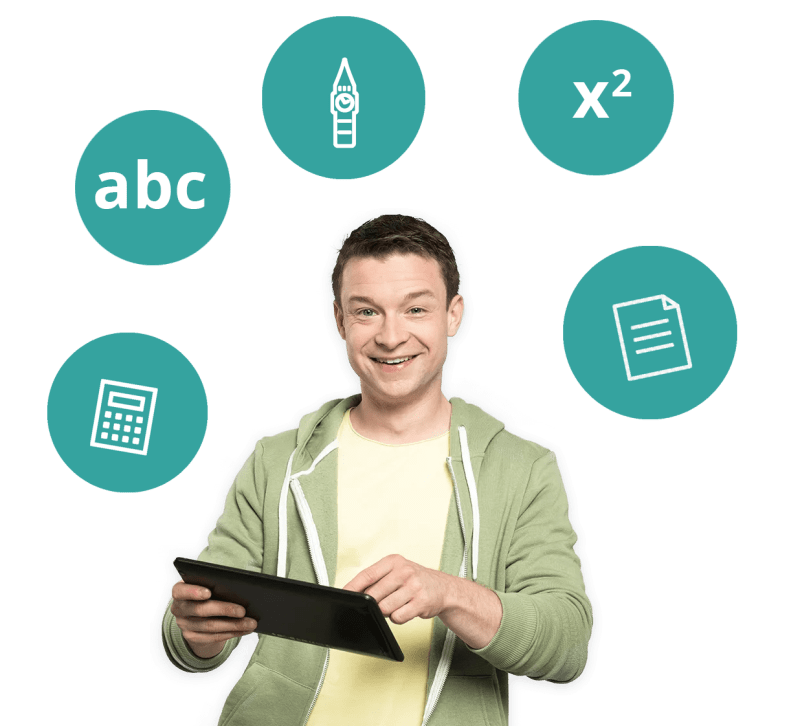 Tutor Ryan wird von Symbolen für Schulfächer umgeben