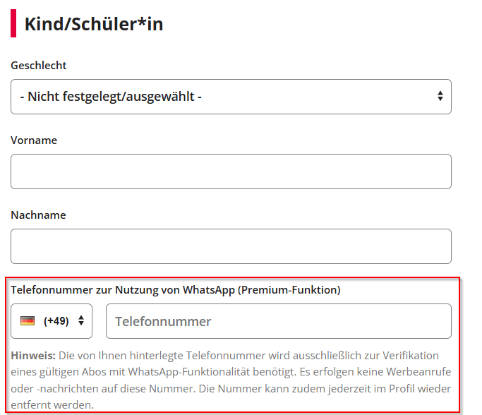 Formular zur Eingabe von Kinderdaten: Auswahl Geschlecht, Felder für Vorname und Nachname sowie Eingabefeld für Telefonnummer zur WhatsApp-Nutzung (Premium-Funktion).