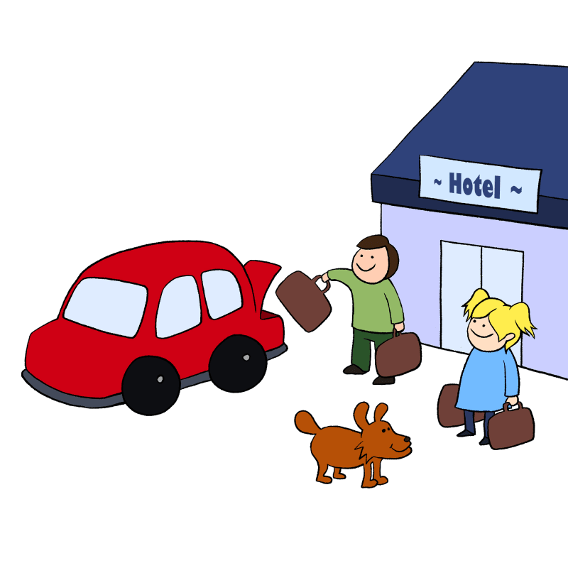 Vater und Tochter mit Hund vor der Garage