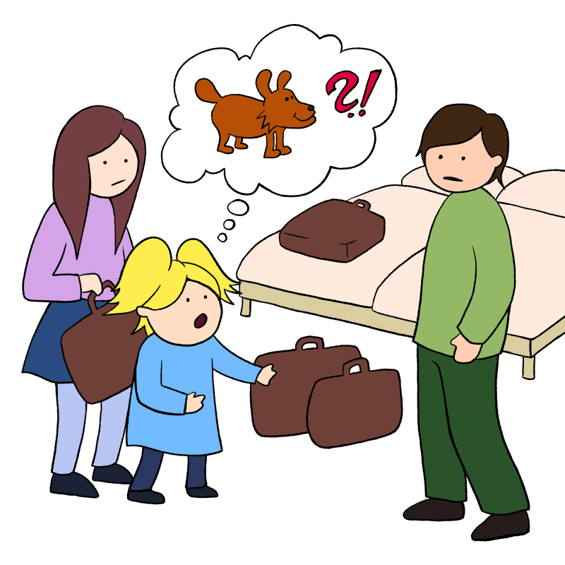 Familie im Hotel, vermisst den Hund