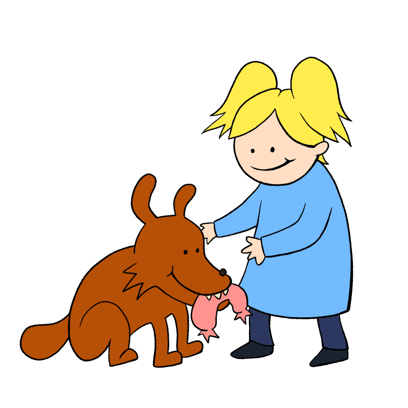 Mädchen hat Hund gefunden, Hund frisst seine Wurst