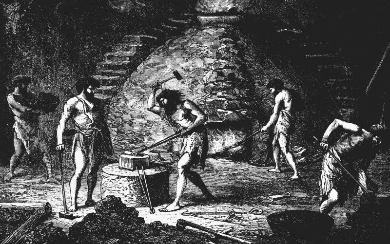 Arbeiten am Schmelzofen in der Eisenzeit