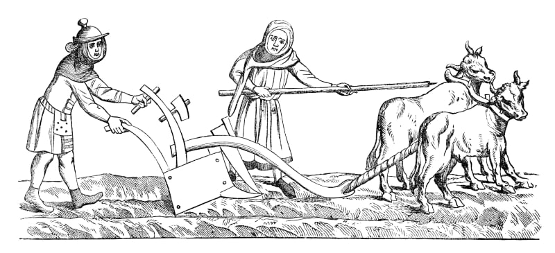 Bauer pflügen ein Feld mit einem von einer Kuh gezogenenen Pflug